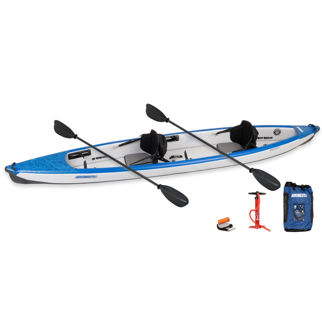 Blue and Grey Sea Eagle RazorLite 473rl Tandem Inflatable Kayak Pro top display view with the bag and pump sitting next to the Sea Eagle inflatable Kayak.