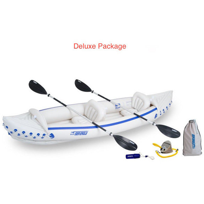 Sea Eagle 370 Sport Inflatable Kayak top view with the bag and pump sitting next to the Sea Eagle inflatable kayak.