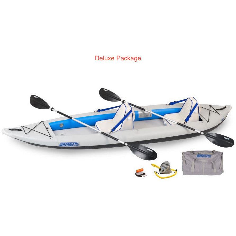 Sea Eagle FastTrack 385FT Tandem Inflatable Kayak Deluxe package top and side display view with the bag and pump sitting next to the Sea Eagle inflatable kayak.