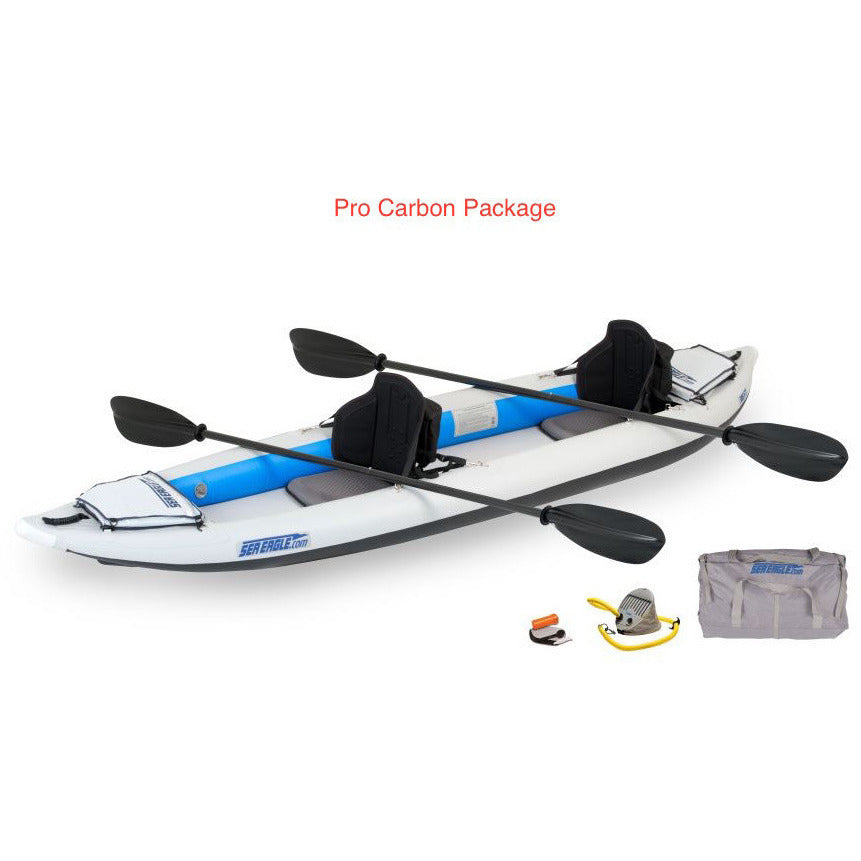 Sea Eagle FastTrack 385FT Tandem Inflatable Kayak Pro Carbon Package top and side display view with the bag and pump sitting next to the Sea Eagle inflatable kayak.
