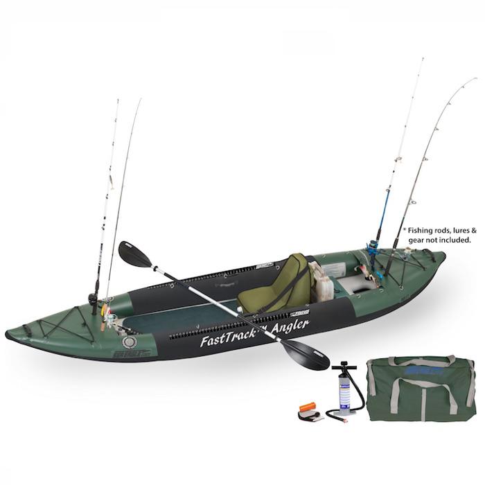 Sea Eagle 385fta FastTrack Angler Inflatable Kayak Deluxe Package Hunter Green with black accents. Top and side display view with the bag and pump sitting next to the Sea Eagle inflatable kayak.