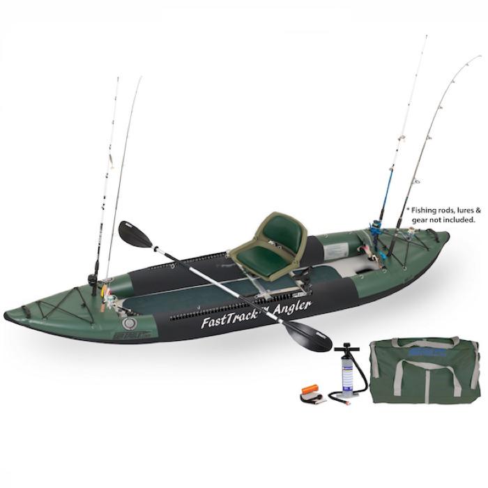 Sea Eagle 385fta FastTrack Angler Inflatable Fishing Kayak Hunter Green with black accents. Top and side display view with the carry bag and air pump sitting next to the Sea Eagle inflatable kayak.