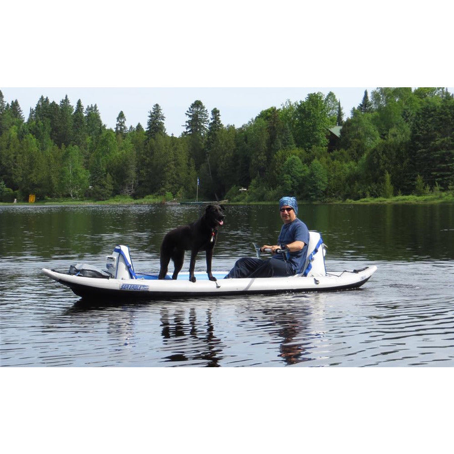 Sea Eagle FastTrack 385FT Tandem Inflatable Kayak on the lake with the dog.
