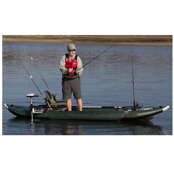 Sea Eagle 385fta FastTrack Angler Inflatable Kayak Deluxe Package Hunter Green with black accents. Top and side display view with the bag and pump sitting next to the Sea Eagle inflatable kayak. 