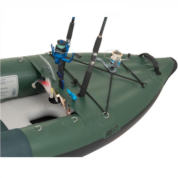 Sea Eagle 385fta FastTrack Angler Inflatable Kayak close up of the pole holders and storage bungees on the nose of the inflatable kayak.