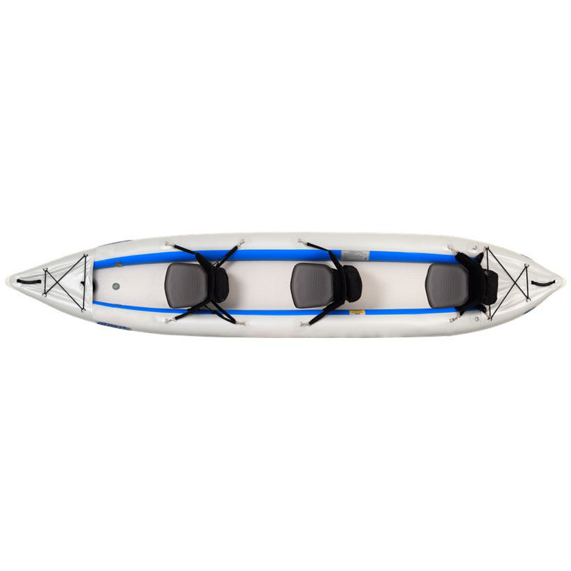 3 Person Sea Eagle FastTrack 465FT Tandem Inflatable Kayak top and side display view with the bag and pump sitting next to the Sea Eagle inflatable kayak. 