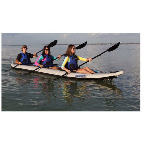 Sea Eagle FastTrack 465FT Tandem Inflatable Kayak in use by 3 girls out on the lake.