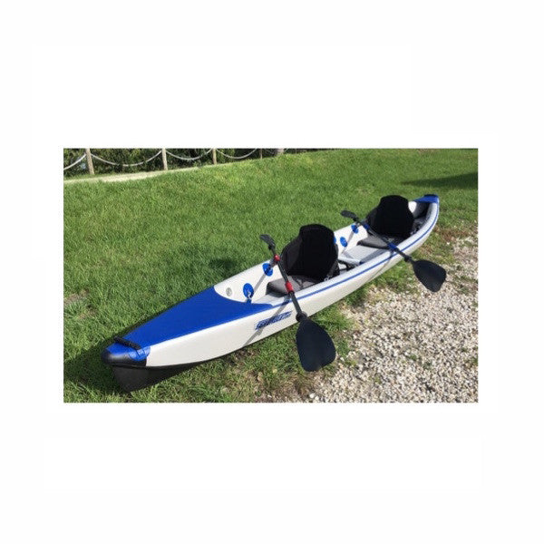 Sea Eagle RazorLite 473rl Tandem Inflatable Kayak on the bank next to the lake.