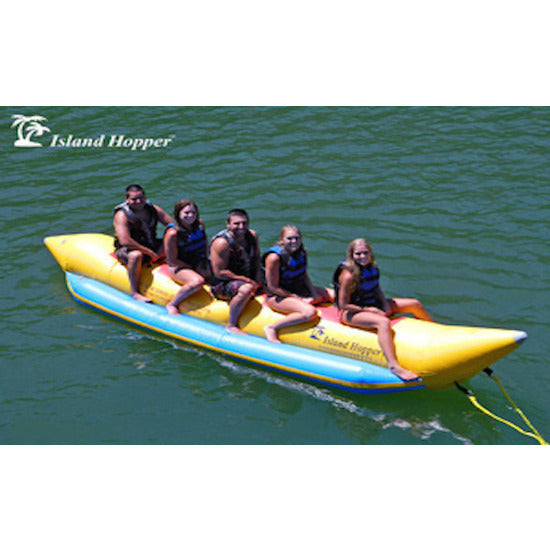 Top/Side view of the Island Hopper 5 Person Banana Boat Tube.  5 kids sitting on the inflatable banana boat tube ready to be pulled on the water.