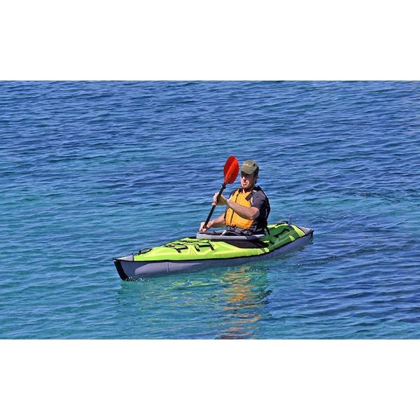 Advanced Elements Solo AdvancedFrame Inflatable Kayak top view and top/front view of the red inflatable kayak with grey interior, walls, and nose. 