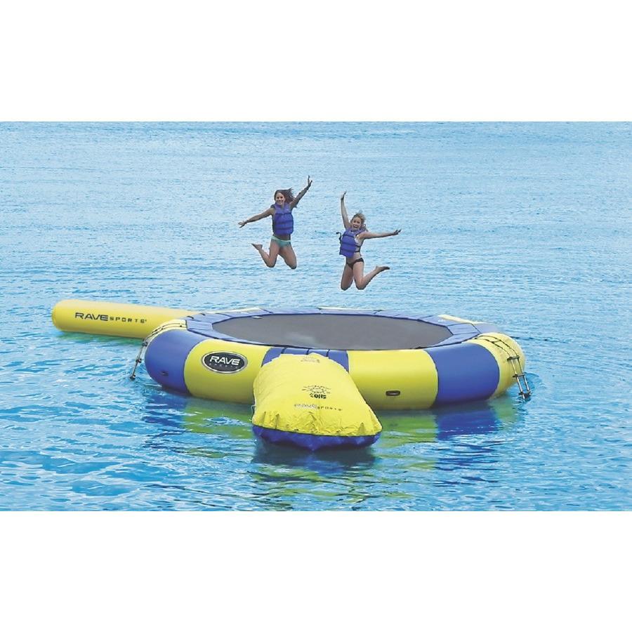 2 kids jumping on the yellow and blue Rave Aqua Jump Eclipse 200 Trampoline Water Park out on a lake.