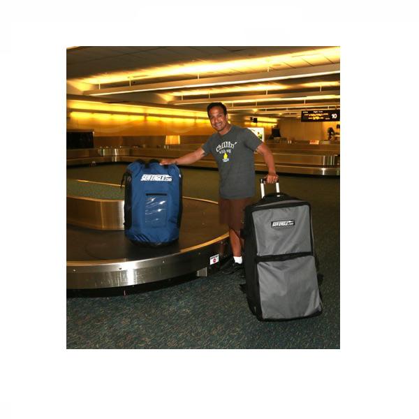 Sea Eagle Blue Backpack coming off the luggage belt at the airport.