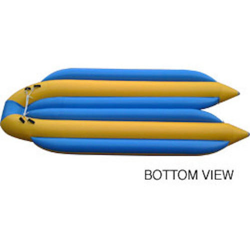 Bottom view of the yellow and blue Island Hopper 12 Person Towable Banana Boat Taxi on a white background. 