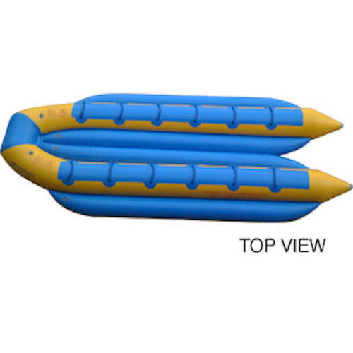 Top view of the yellow and blue Island Hopper 12 Person Towable Banana Boat Taxi