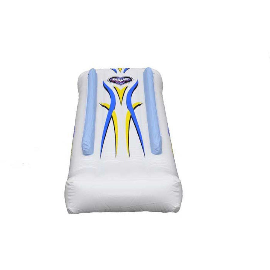 Rave Inflatable Dock Slide front view.  White slide with blue and yellow highlights.  Image is on a white background. 