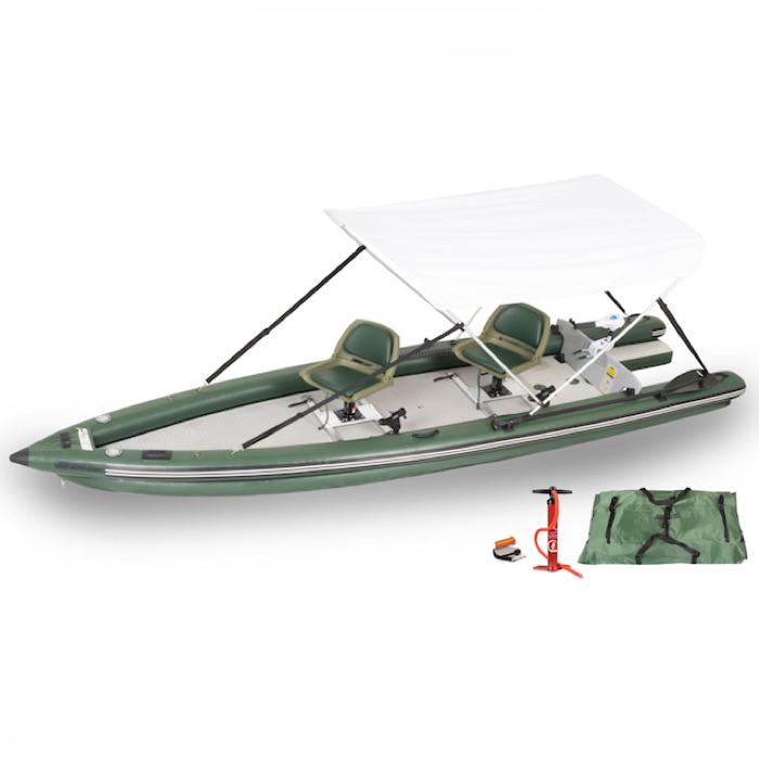 Sea Eagle FishSkiff 16 Inflatable Fishing Skiff Watersnake Motor Canopy Package Watersnake motor and white canopy top. Side display view with the bag and pump sitting next to the green Sea Eagle inflatable kayak.