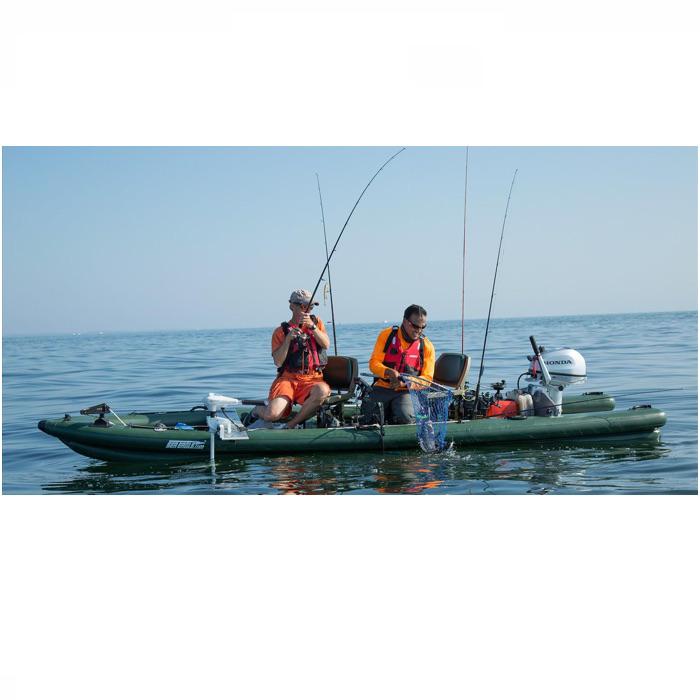 Sea Eagle FishSkiff 16 Inflatable Fishing Skiff on the water with 2 men fishing.