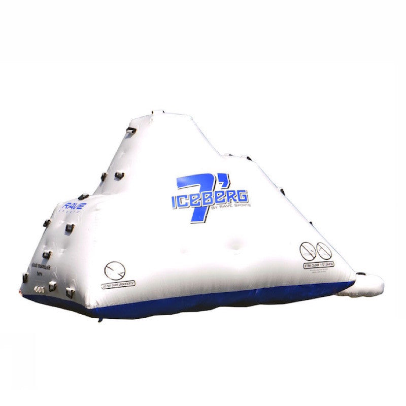 Front view of the white Rave Floating Inflatable Iceberg 7 with blue trim and climbing handles.  Image is on white background. 