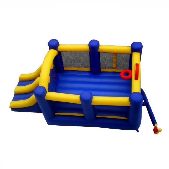 Island Hopper Racing Slide and Slam Bounce House front view showing the blue and yellow color scheme.  Bounce house with duel inflatable front slides