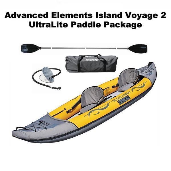 Display view of the Advanced Elements Island Voyage 2 Tandem Inflatable Kayak on a white background.  Yellow and grey design with 2 grey seats. 
