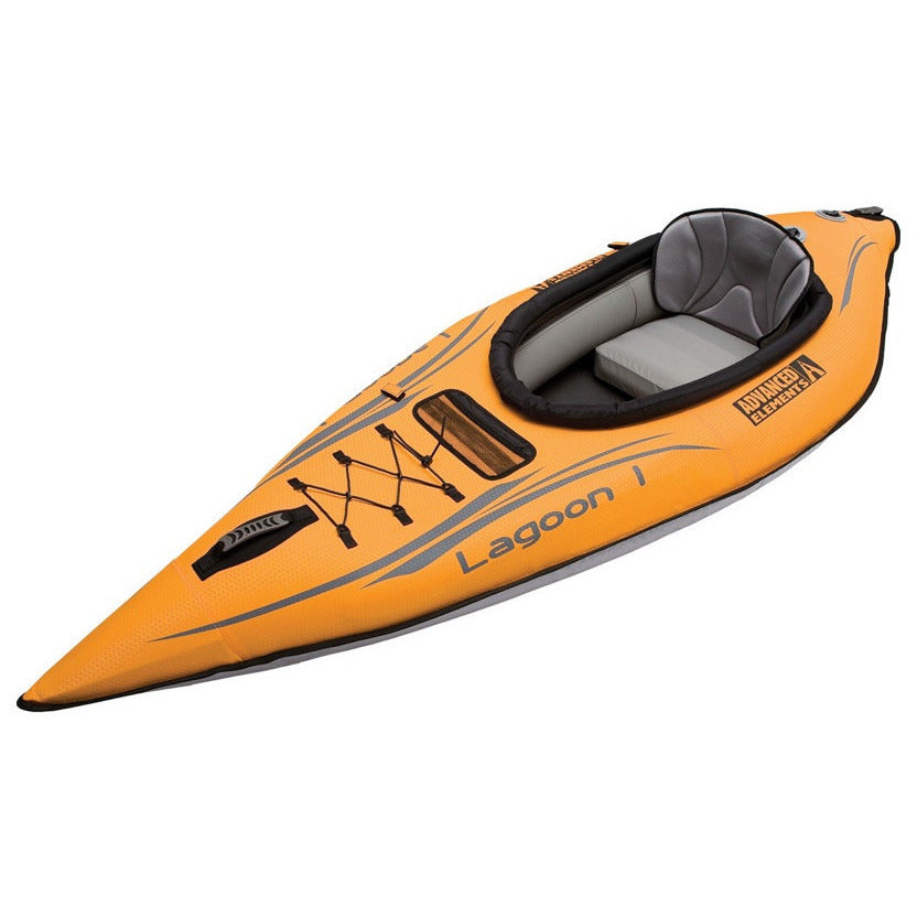 Top/Side display view of the orange and grey Advanced Elements Lagoon 1 Solo Inflatable Kayak on a white background. 