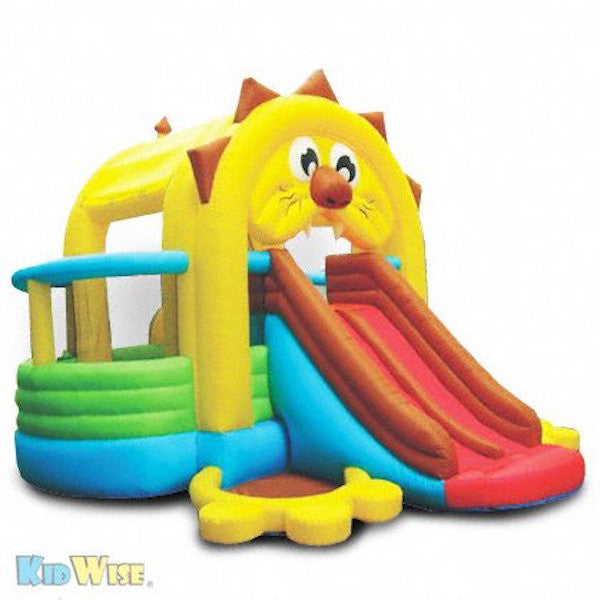 KidWise Lion's Den Bounce House front view of the Lion KidWise Bounce House with the Lions red tongue being the dual slide.  The color scheme of the KidWise Bounce House showcases the yellow lions mane and and brown hair. | KidWise Bouncer