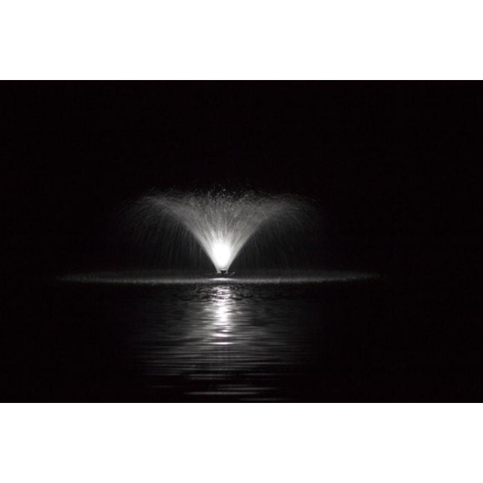 Bearon Aquatics  F1000F 115v-230v 1 Hp Aerating Fountain with a white Light Kit lighting up the v shaped spray on a pitch black night.