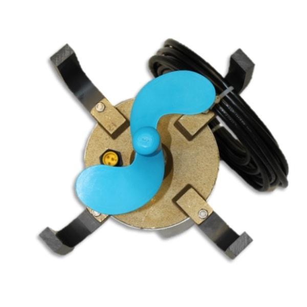 Bearon Aquatics P1000 Ice Eater Motor Replacement Dock De-Icer Motor top view showing the blue propeller and gold top.  4 L shaped hooks are attached to the top of the motor to be attached to the shroud.  Black power cord hangs on the side of the Ice Eater Motor