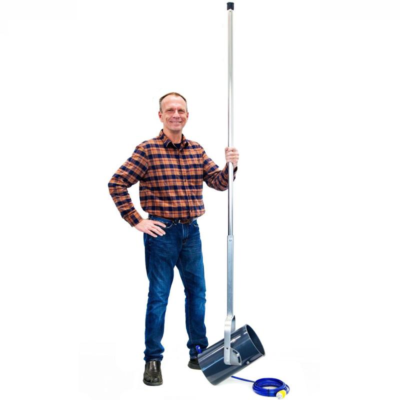 Man holding the Scott Aerator Dock Mount De-Icer.  The De-Icer is taller than the man with the extended pole.