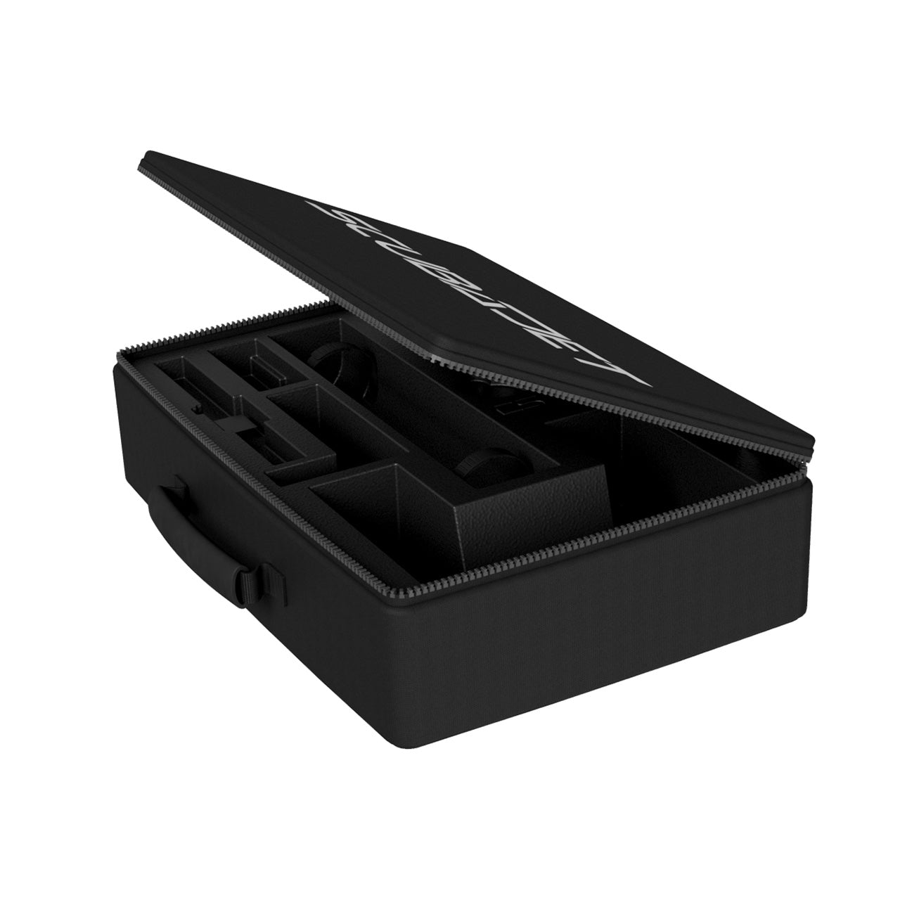 Side view ScubaJet Pro Case. All black with white ScubaJet logo on the top. The top is open so that we can see in to see the sections of the case. Zips around the edge the seal the case shut.
