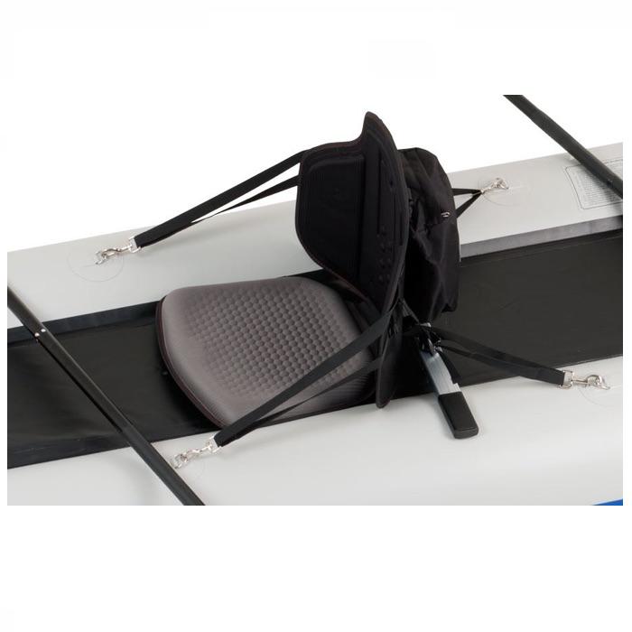 Sea Eagle TBS Kayak Seat in place on a SUP.  Side view of the black Tall Back Kayak Seat