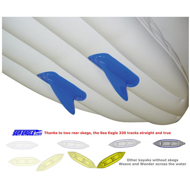 Sea Eagle 370 Sport Inflatable Kayak underview of kayak showing the blue skegs.