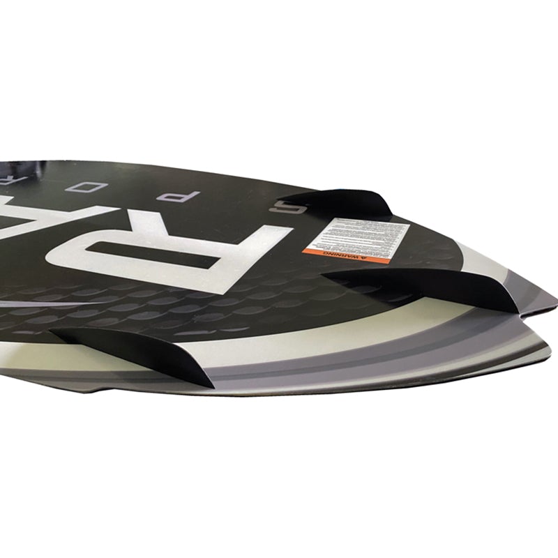This is the facedown view of the rave fractal wake surf board, showing the fin-like features on the bottom part.