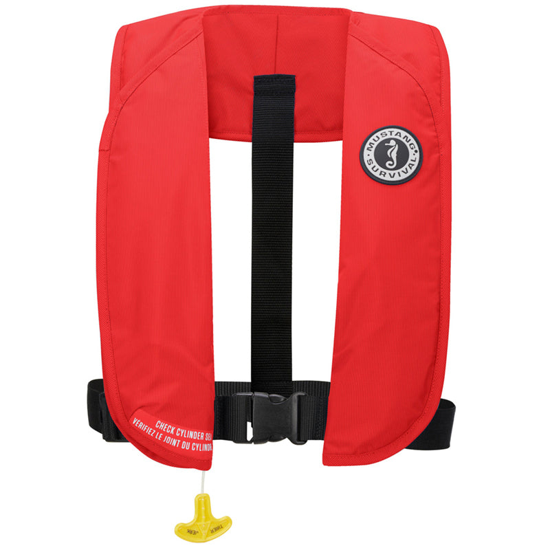 This is the front view of the Red Mustang Survival MIT 70 Manual Inflatable PFD.