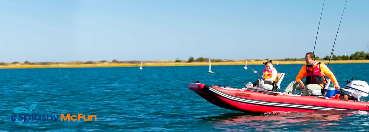 Best Inflatable Boats for 2024 - A red inflatable boat powered by a motor glides across an ocean bay.