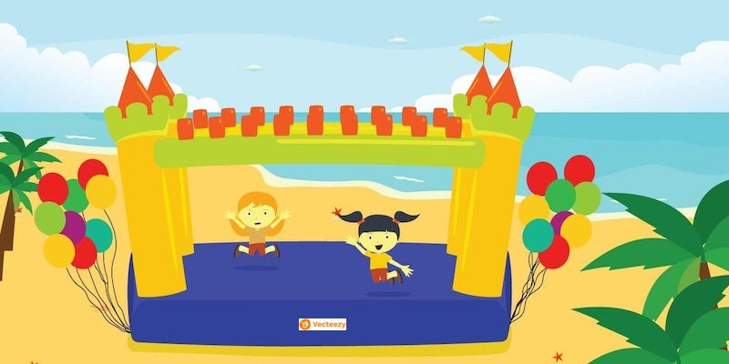 Why Kids Love Inflatable Bounce Houses Blog Image. Sketched cartoon image of 2 young kids playing in an inflatable bounce house on the beach.