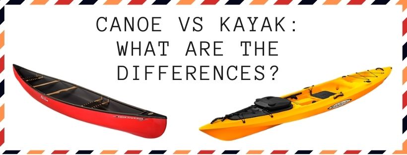 Canoe vs Kayak: What Are the Differences? Red Canoe on the left and Orange kayak on the right. The border around the rectangle is red, black, and orange.