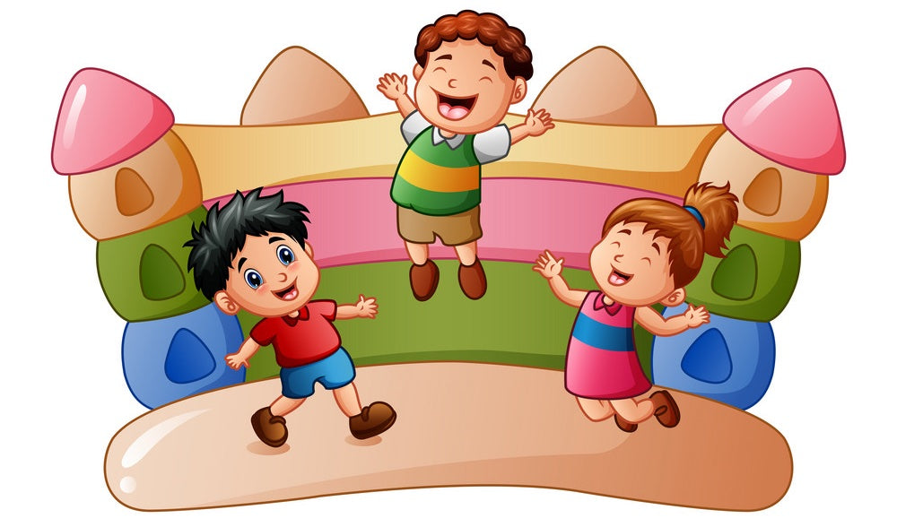 Cartoon image of 3 kids bouncing an a jump house. The bounce house is blue, green, and tan with pink and light orange highlights.