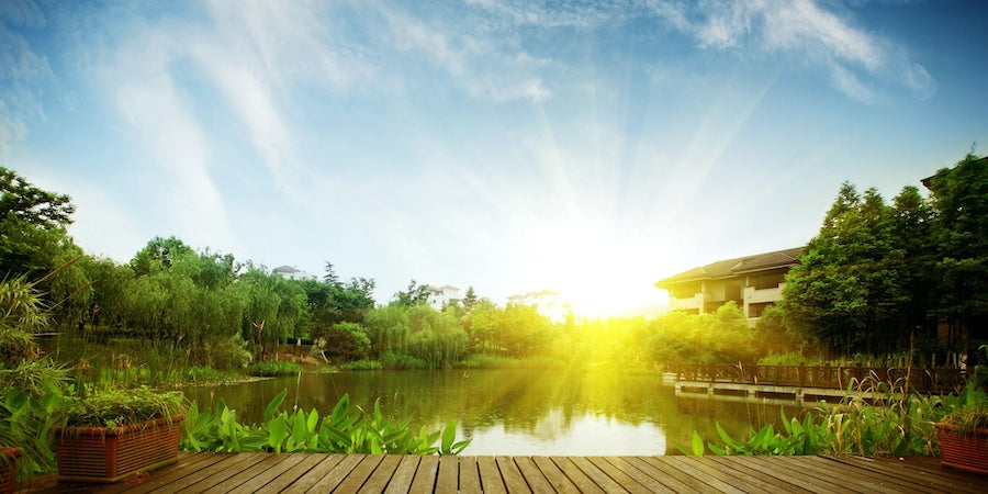 Great pond aeration is shown in this image of a healthy pond. The sun rises in the background over the results of a pond using pond aerators.
