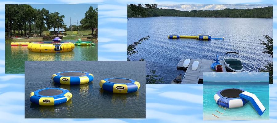 4 images for different floating water trampolines. There are Island Hopper and Rave water trampolines.