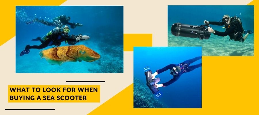 What to Look For When Buying A Sea Scooter. 3 images of people using different models of underwater sea scooters. On a beige and yellow background.