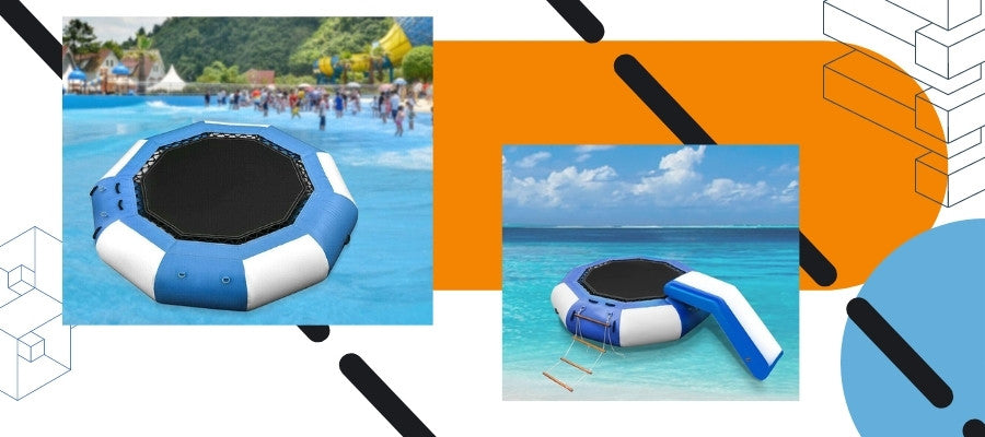 Who are Floating Water Bouncers Best For? blog image. 2 floating water bouncers are shown on crystal clear water. The water bouncers are blue and white.