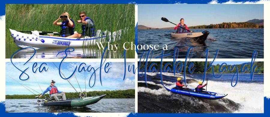 Sea Eagle Inflatable Kayaks for Sale image. We see 4 images of 4 different kinds of Sea Eagle kayaks on the water.