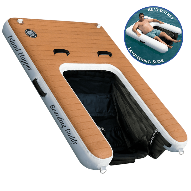 Inflatable boarding platform with reversible lounging side feature, brand 'Island Hopper' visible.