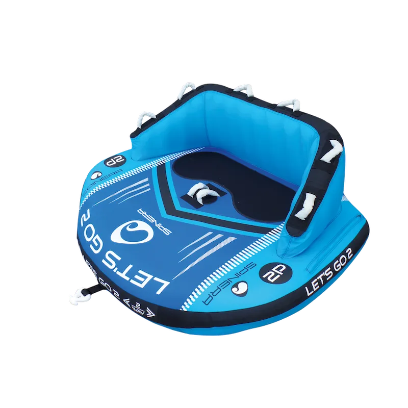 Blue Let's Go 2 inflatable tube with black and white accents on a white background