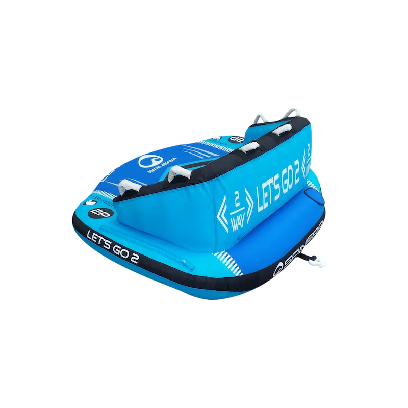 Blue towable tube with 'Let's Go 2' branding on a white background
