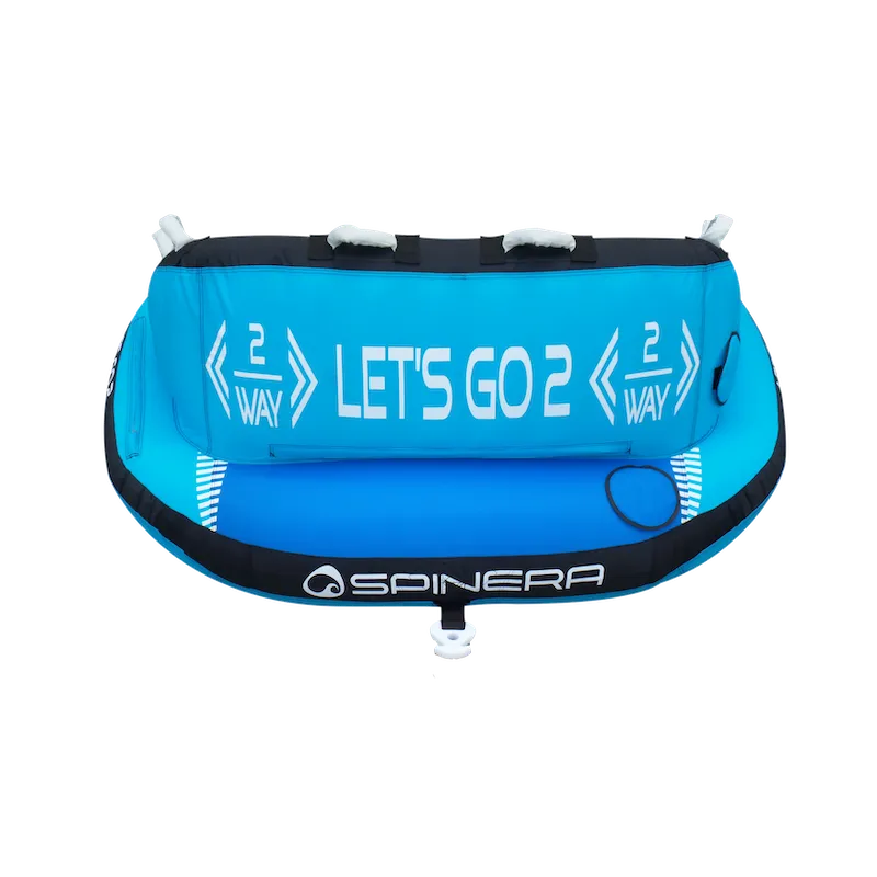 Blue boating tube
 'Let's Go 2 Way' text and Spinera branding on a white background