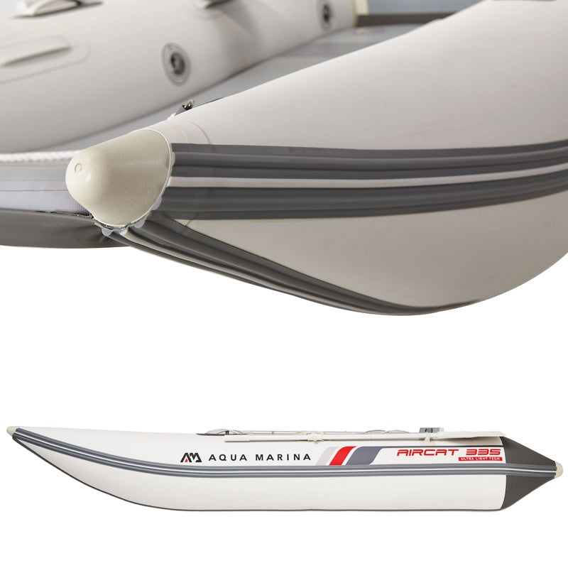 Close-up of a white inflatable boat with Aqua Marina branding on a white background