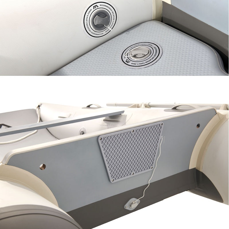 Close-up of a boat's interior with gray floor and beige walls.