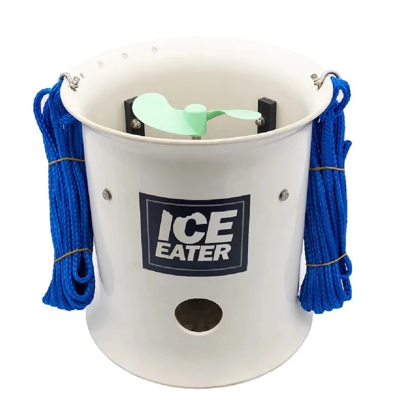 Full display of the Power House P1000 Ice Eater. Blue ropes on either side attached to the main off-white can with a pastel green fan inside held by a black attachment.